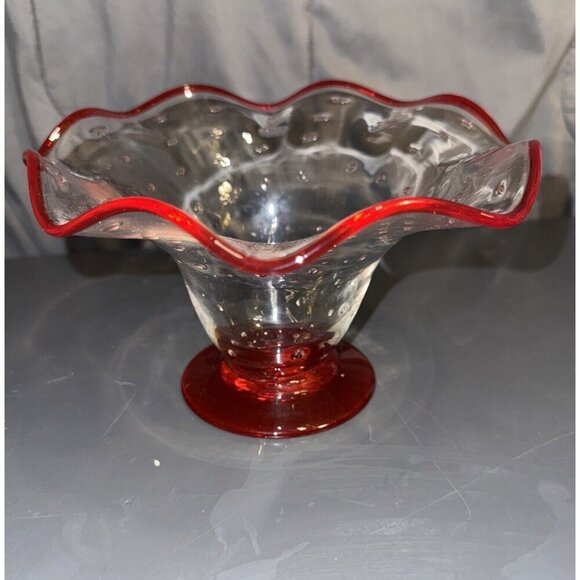 Art Glass Ruffled Compote Candy Bowl Clear Controlled Bubbles 5x8x8” Vintage Red - Picture 1 of 16